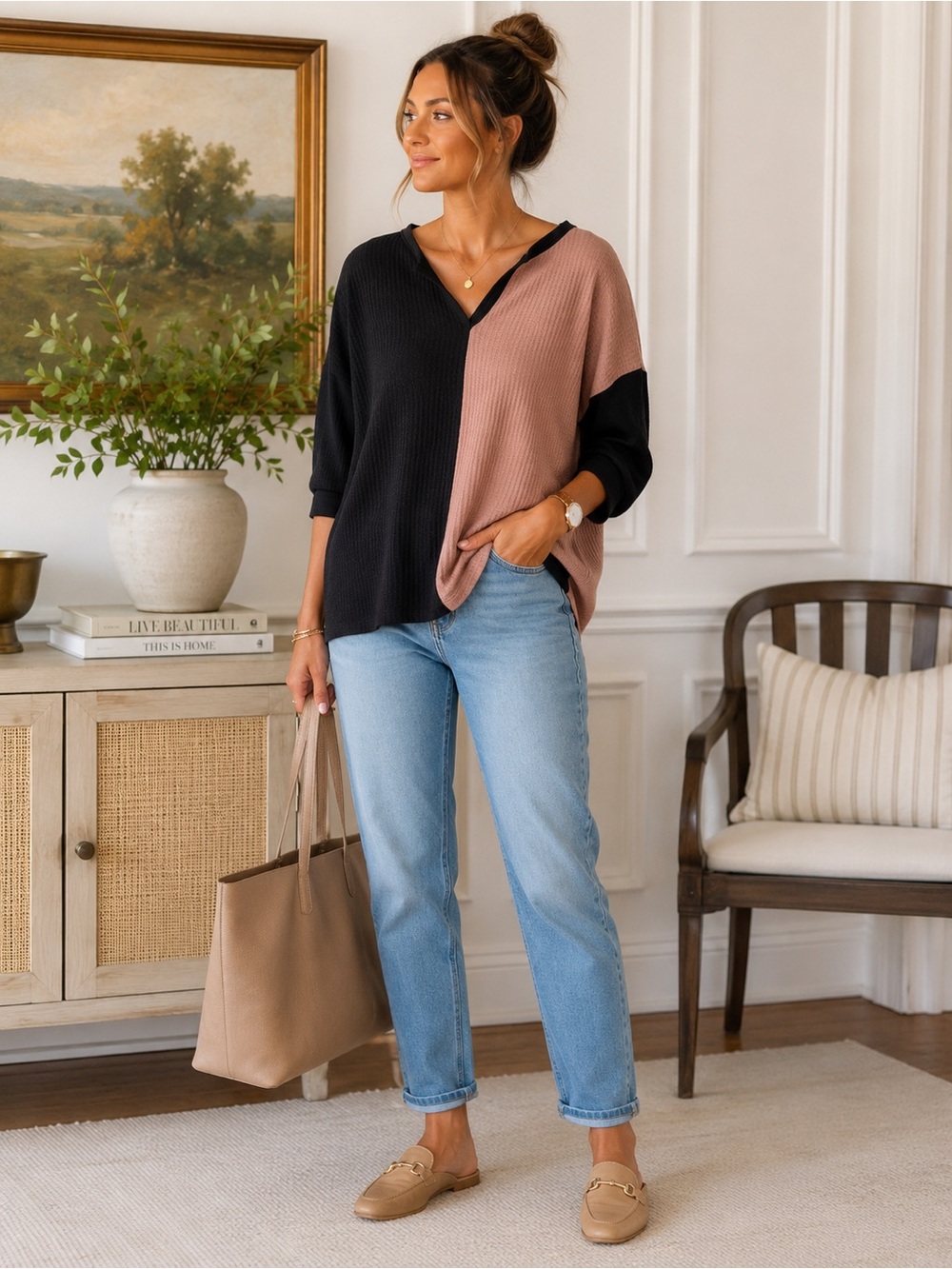 Colorblock V-Neck Knit Top - Black & Carmel/Tan-00B